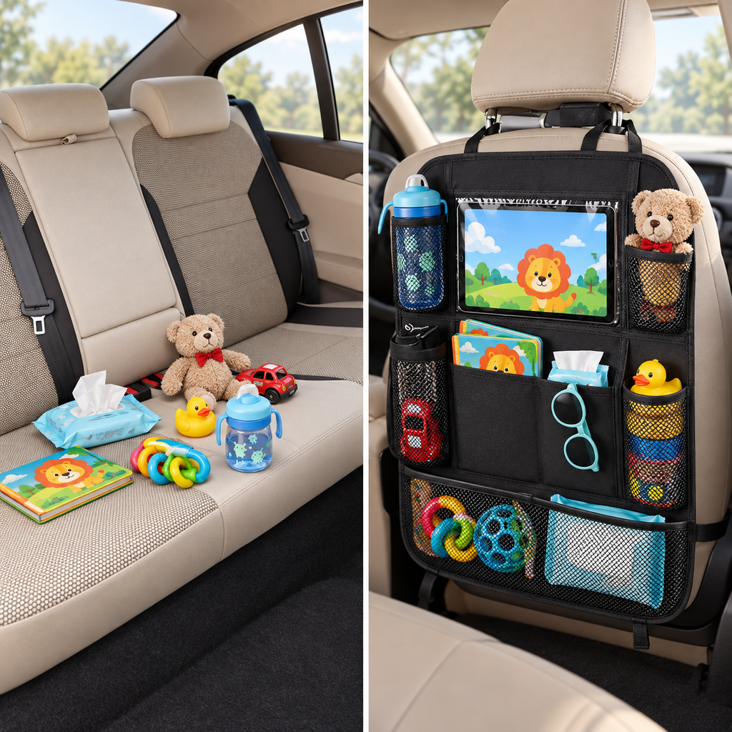 Family car back seat before and after using a storage organiser