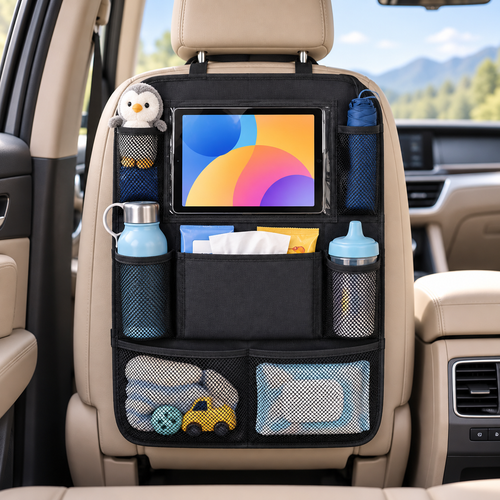 Black car back seat organiser holding family travel essentials