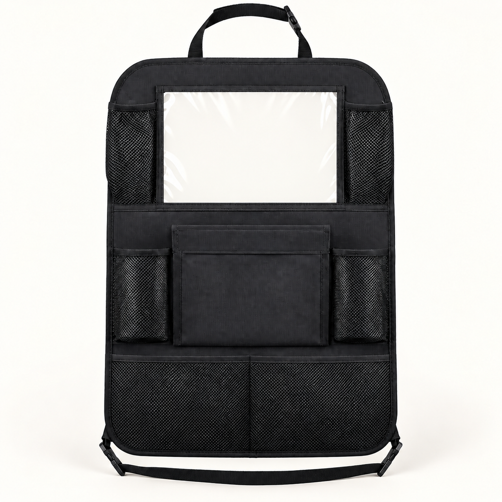 Black car back seat organiser with tablet pocket and storage compartments