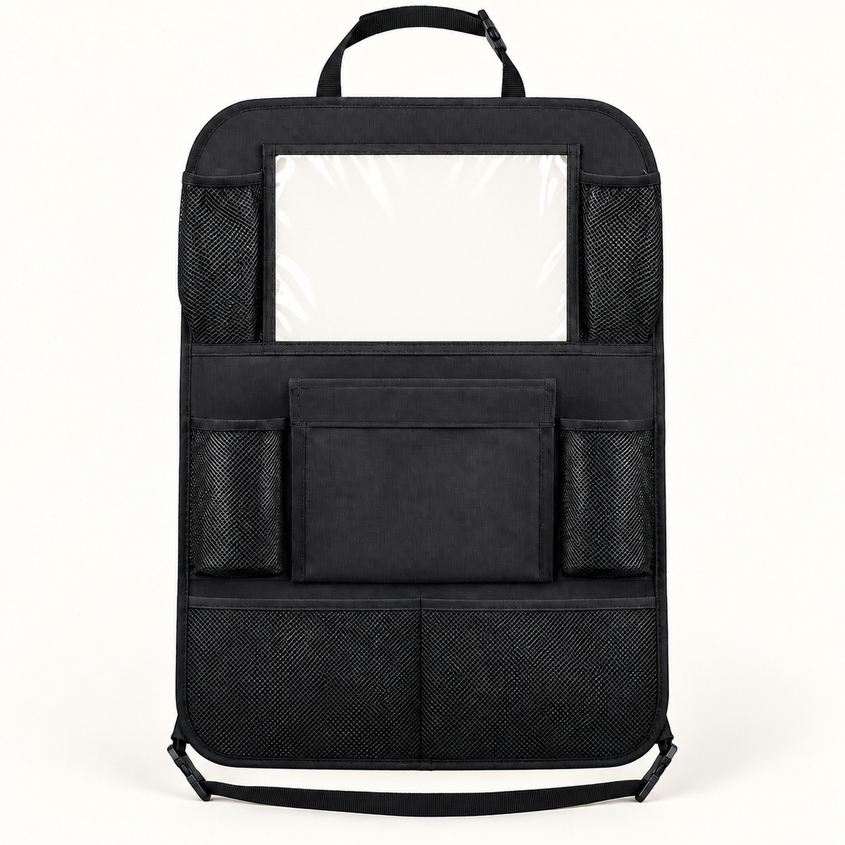 Black car back seat organiser with tablet pocket and storage compartments