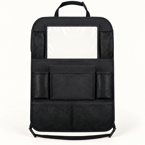 Black car back seat organiser with tablet pocket and storage compartments