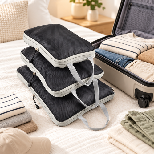 Three black compression packing cubes beside an open suitcase