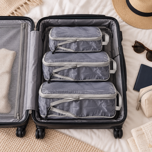 Three grey compression packing cubes organised inside a suitcase