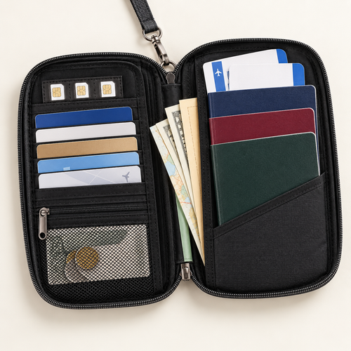 Open travel document organiser showing passport and card compartments