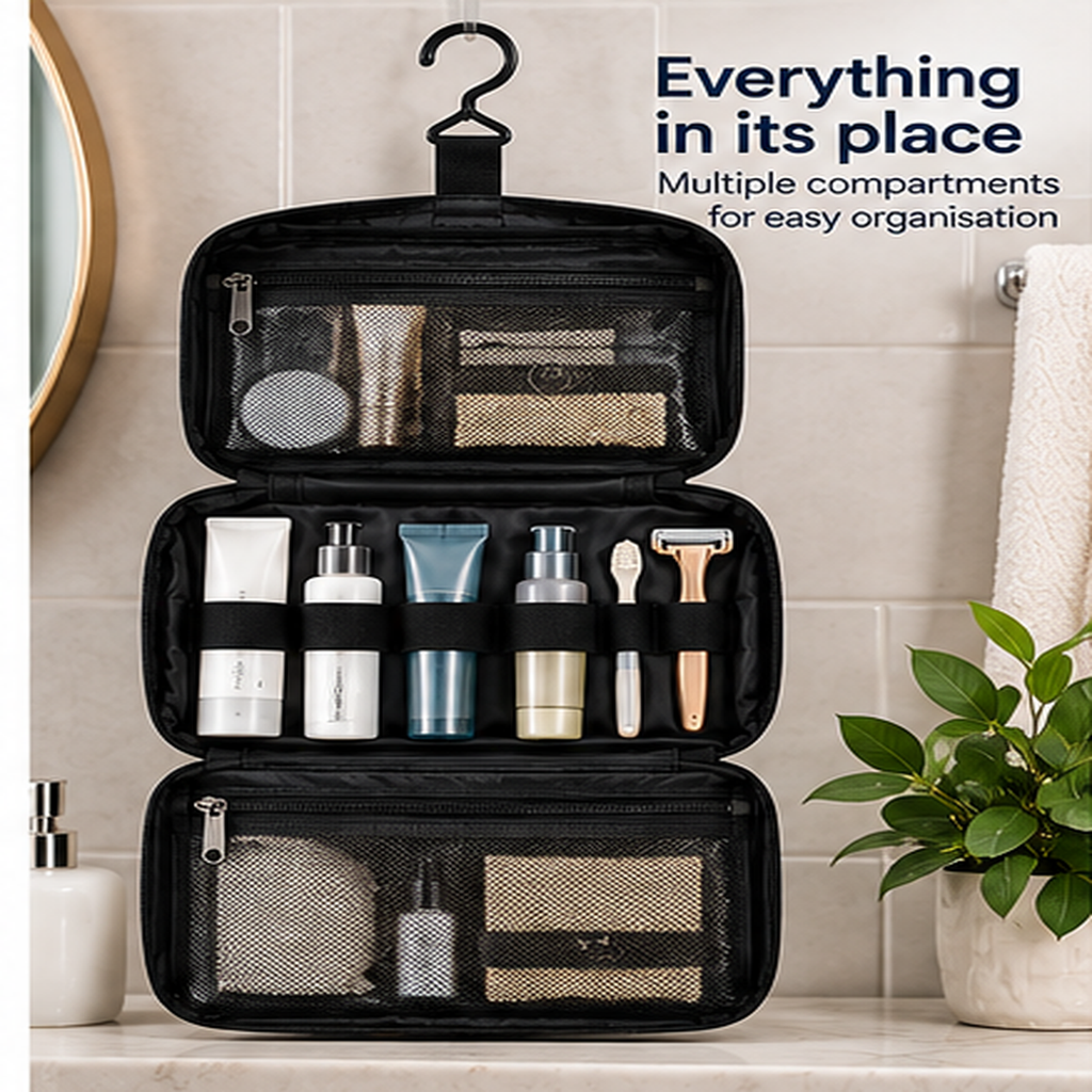 Hanging toiletry organiser open with organised travel toiletries