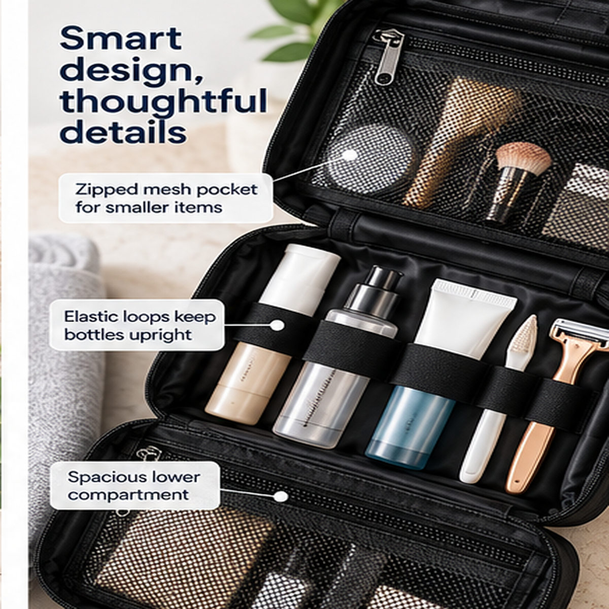 Hanging toiletry organiser compartments and storage details