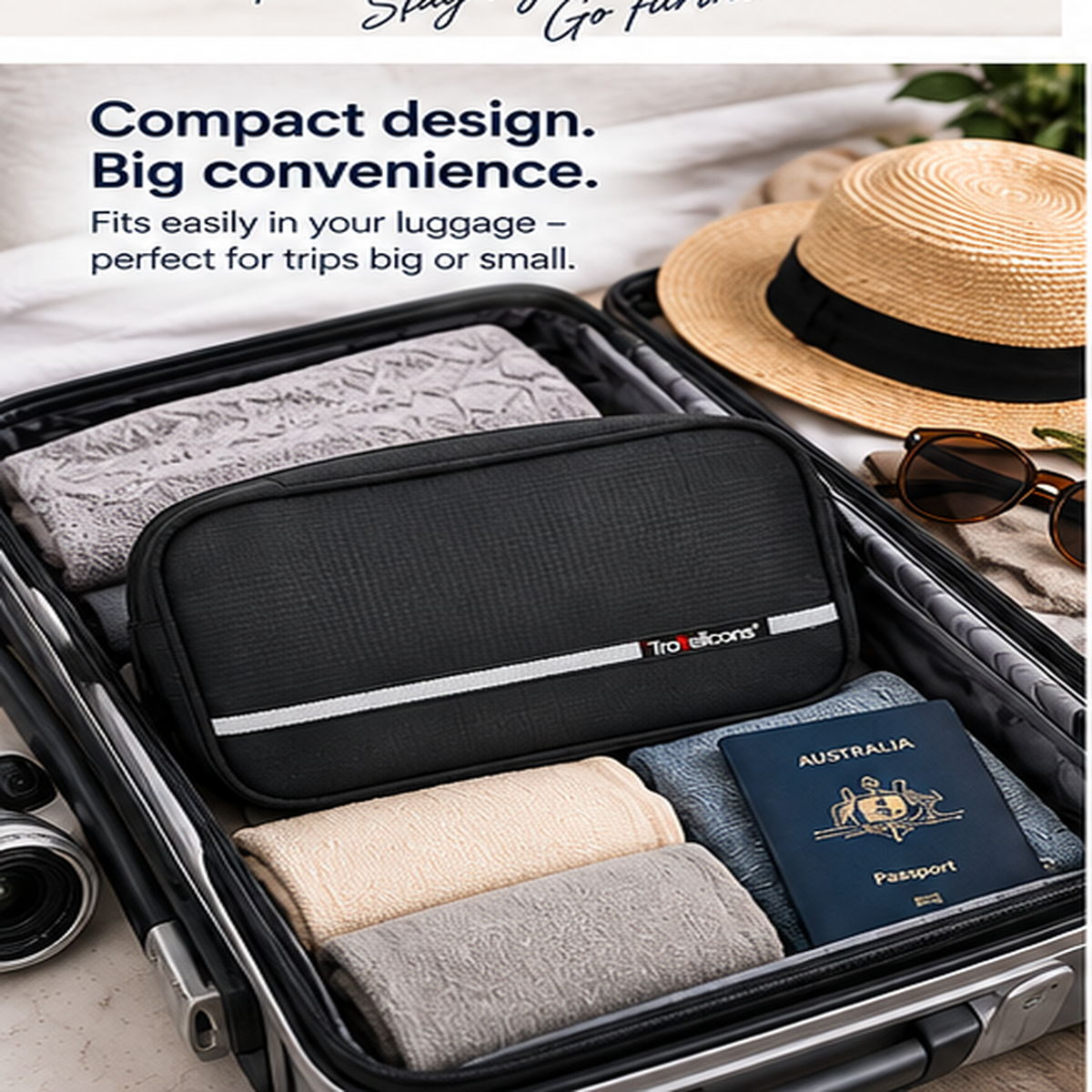 Hanging travel toiletry organiser packed neatly in luggage
