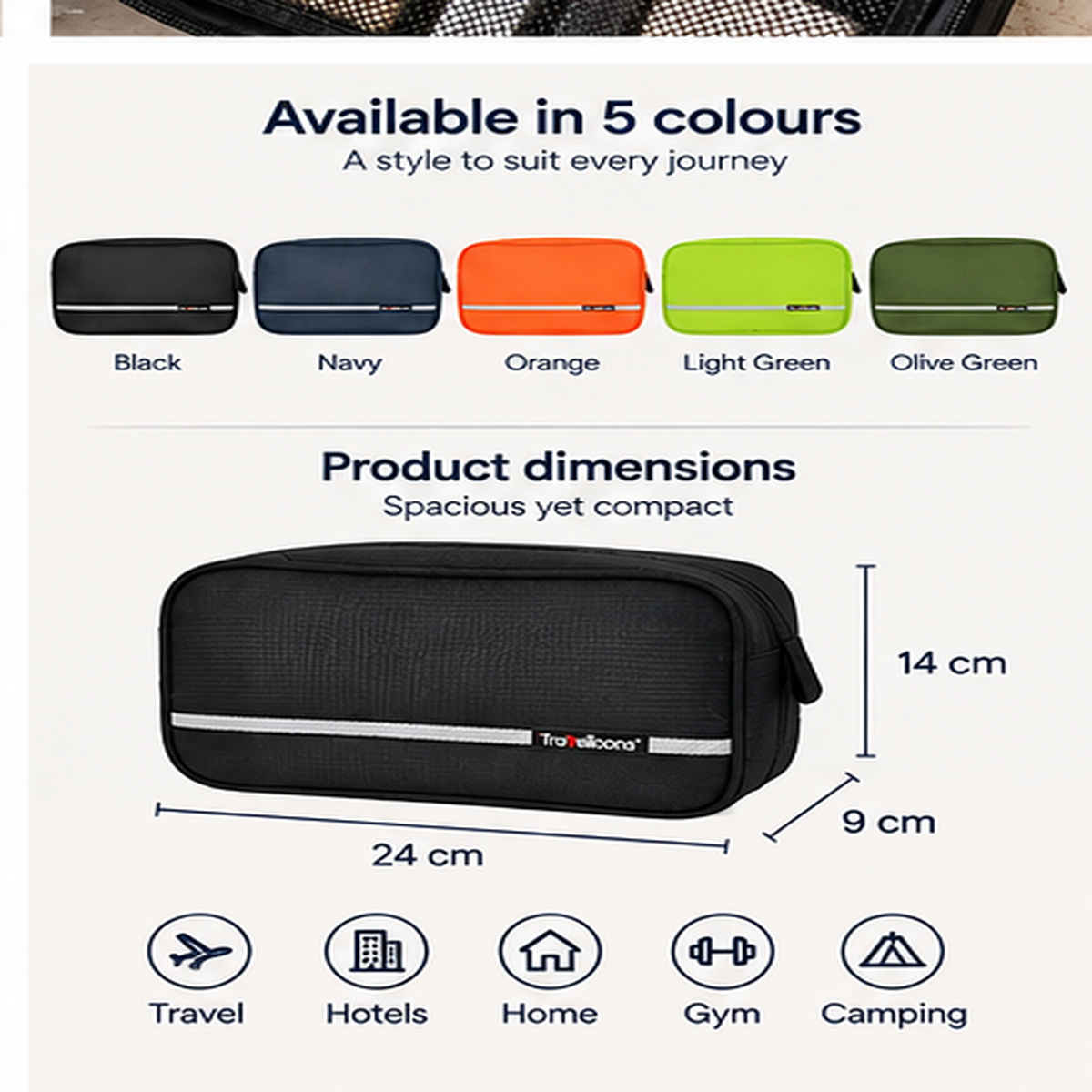 Hanging travel toiletry organiser colour options and dimensions